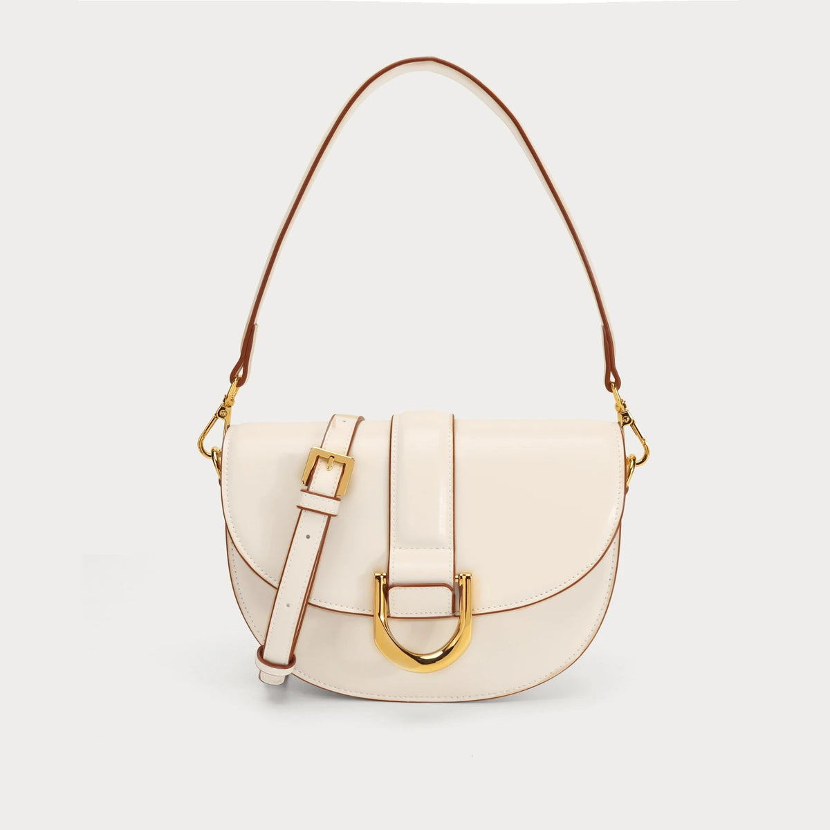 Bolsa Feminina Oval com Fivela Dourada e Alça Ajustável
