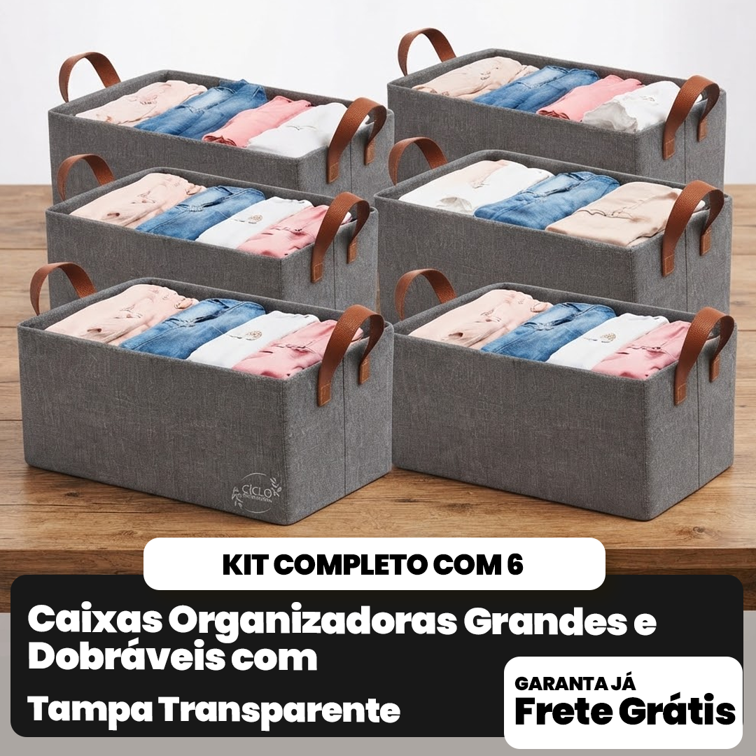 Kit 6 Caixas Organizadoras Grandes e Dobráveis com Tampa Transparente