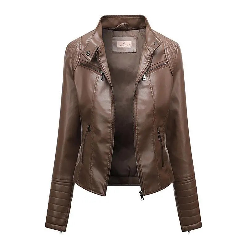 Jaqueta Feminina Slim Black Luxe com Gola Alta Estilo Motociclista