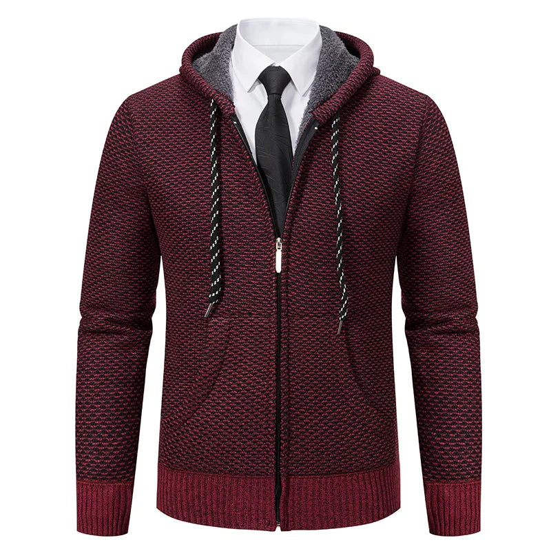 Jaqueta Masculina Cardigan com Gola Dobrável Forro Fleece Estilo Vintage