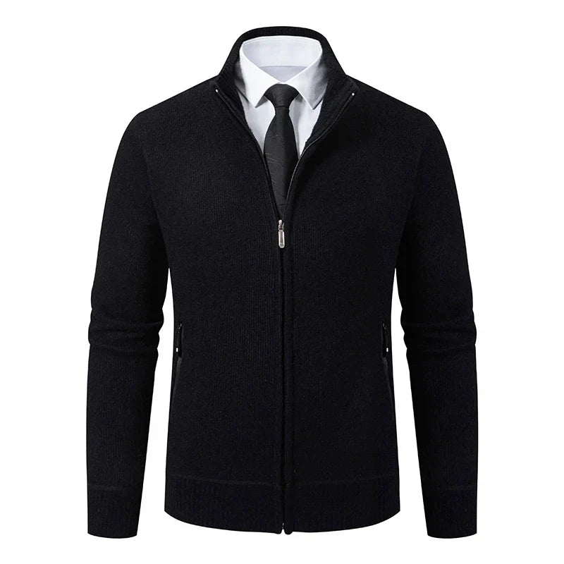 Jaqueta Masculina Cardigan com Gola Dobrável Forro Fleece Estilo Vintage
