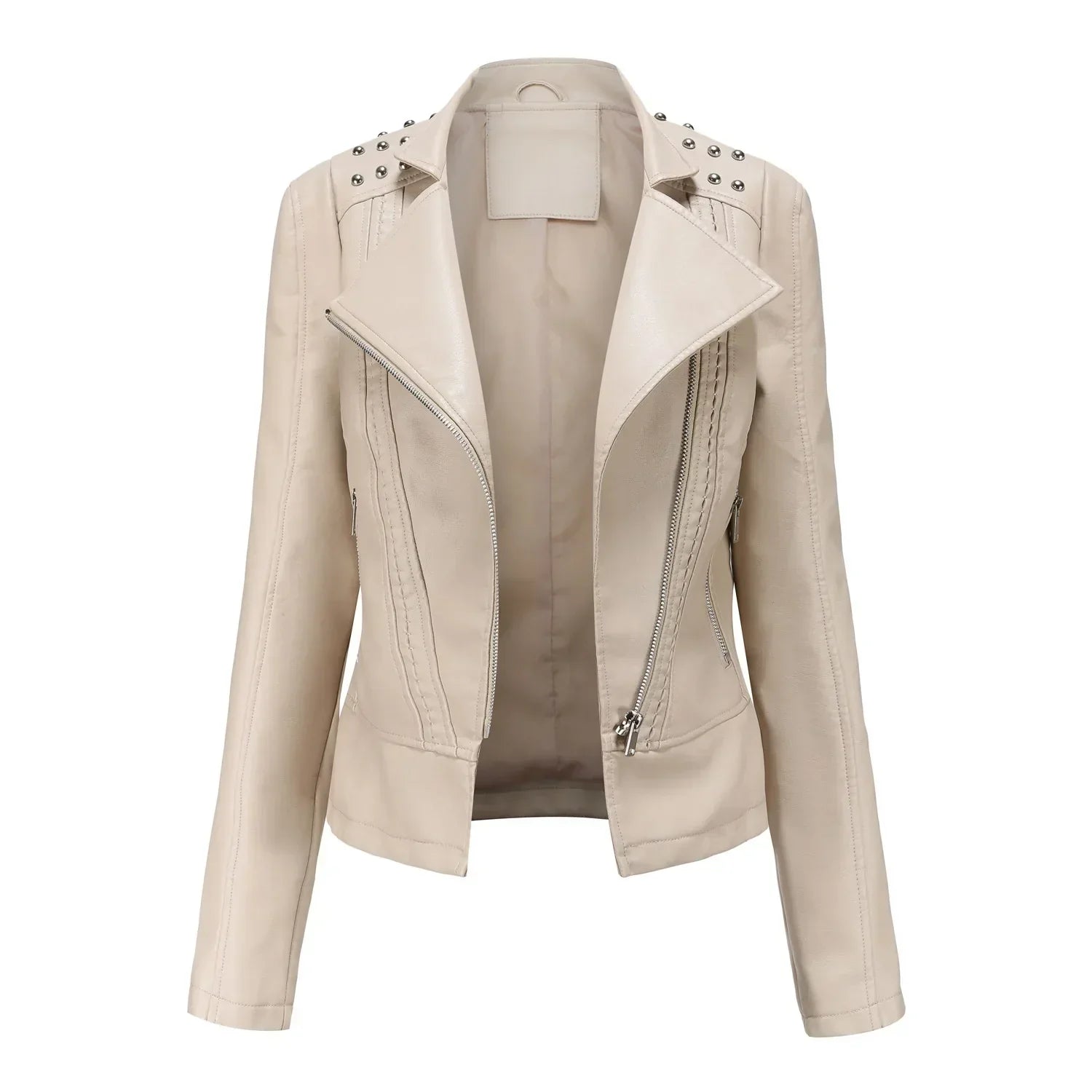 Jaqueta Feminina Slim Estilo Biker com Gola Dobrável e Detalhes Retrô