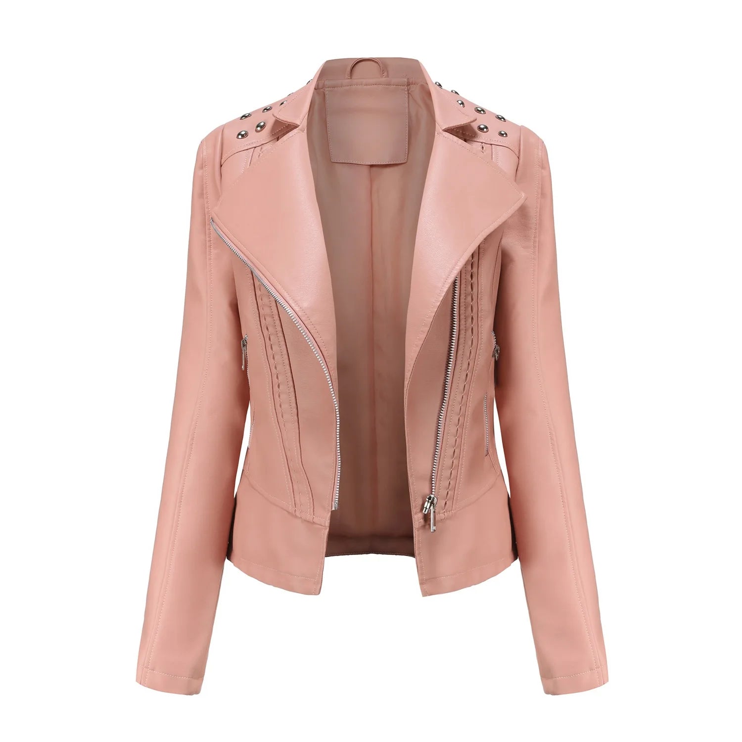 Jaqueta Feminina Slim Estilo Biker com Gola Dobrável e Detalhes Retrô