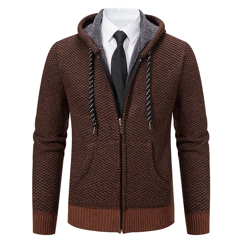 Jaqueta Masculina Cardigan com Gola Dobrável Forro Fleece Estilo Vintage