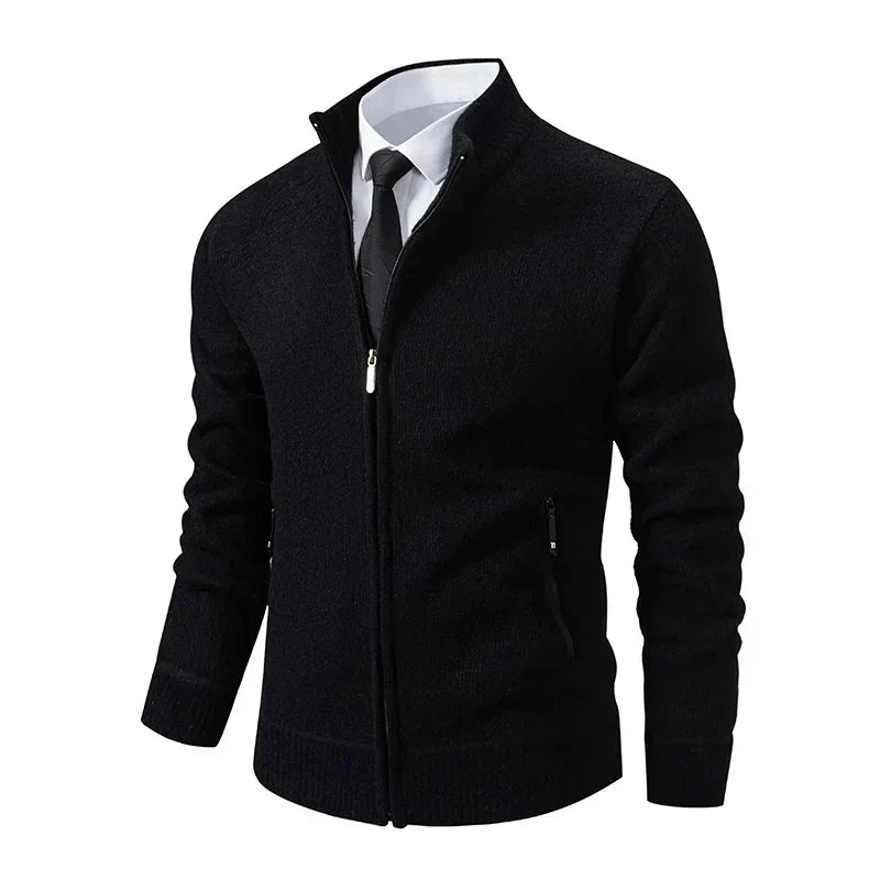 Jaqueta Masculina Cardigan com Gola Dobrável Forro Fleece Estilo Vintage