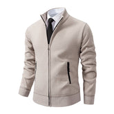 Jaqueta Masculina Cardigan com Gola Dobrável Forro Fleece Estilo Vintage