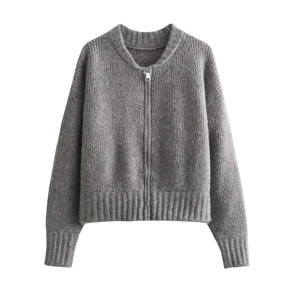 Casaco Feminino Vintage de Malha com Zíper e Gola Redonda