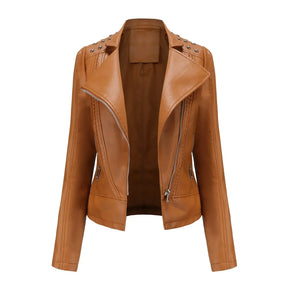 Jaqueta Feminina Slim Estilo Biker com Gola Dobrável e Detalhes Retrô