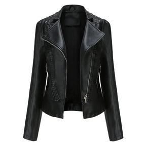 Jaqueta Feminina Slim Estilo Biker com Gola Dobrável e Detalhes Retrô