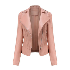 Jaqueta Feminina Slim Estilo Biker com Gola Dobrável e Detalhes Retrô