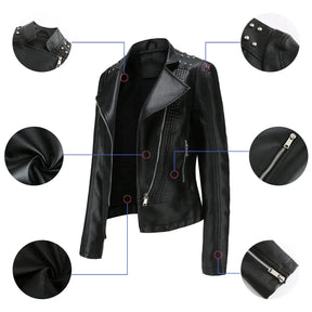 Jaqueta Feminina Slim Estilo Biker com Gola Dobrável e Detalhes Retrô
