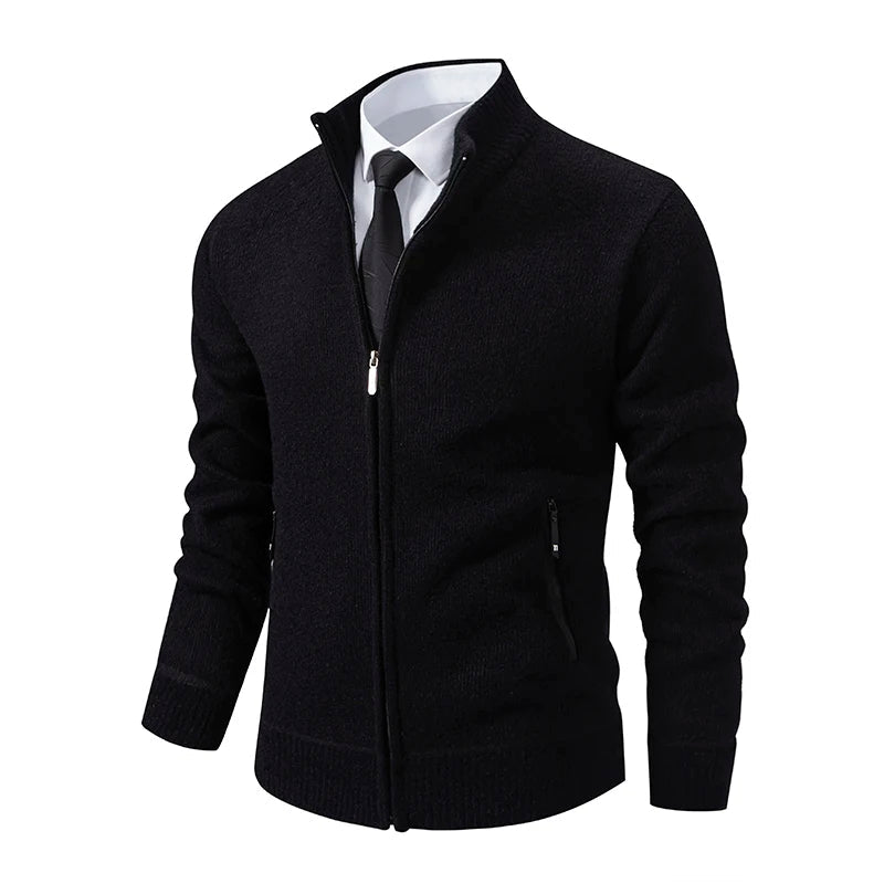 Jaqueta Masculina Cardigan com Gola Dobrável Forro Fleece Estilo Vintage