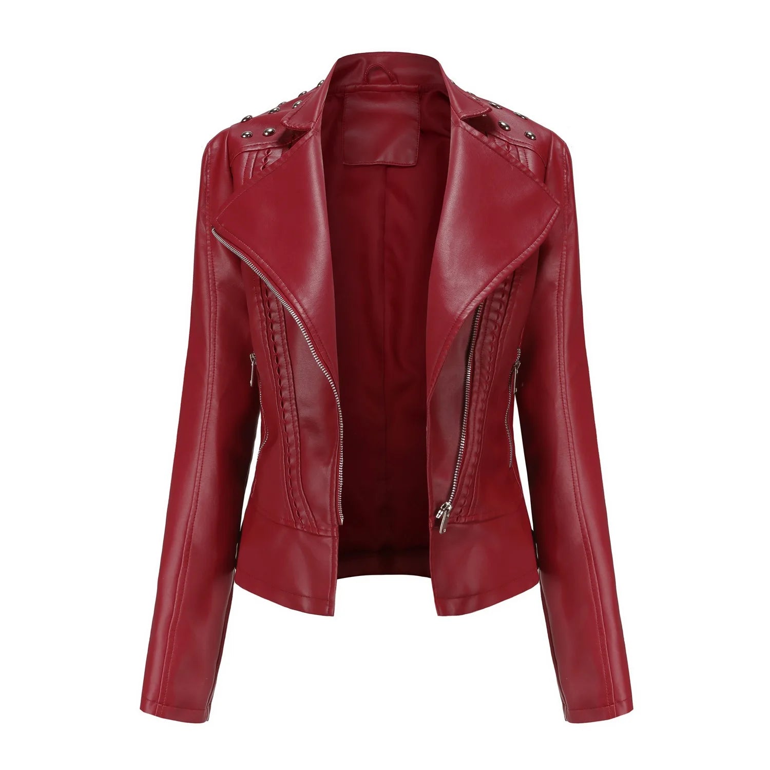 Jaqueta Feminina Slim Estilo Biker com Gola Dobrável e Detalhes Retrô