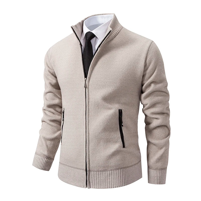 Jaqueta Masculina Cardigan com Gola Dobrável Forro Fleece Estilo Vintage