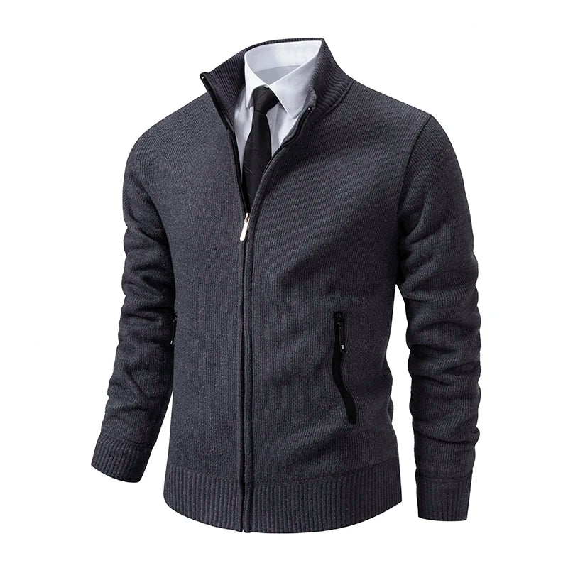 Jaqueta Masculina Cardigan com Gola Dobrável Forro Fleece Estilo Vintage