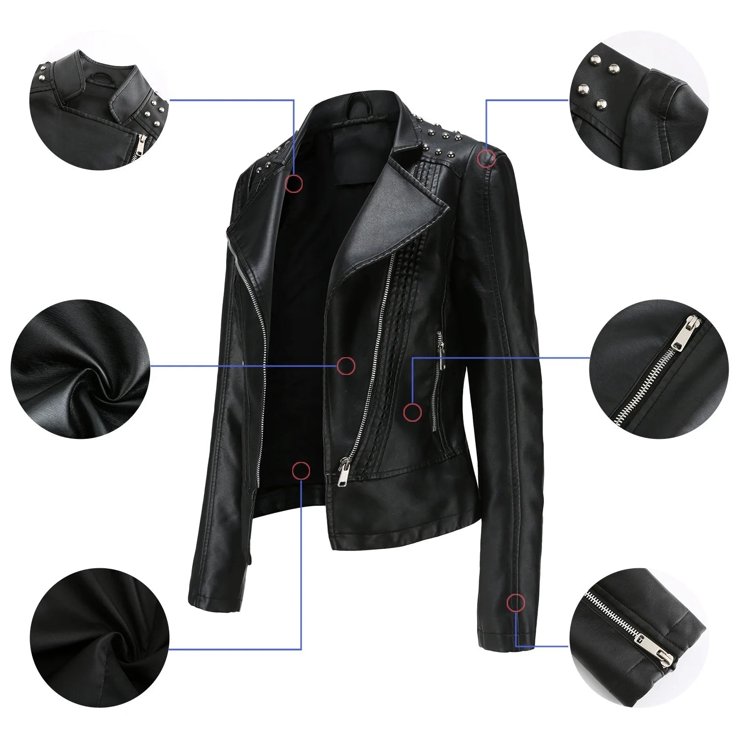 Jaqueta Feminina Slim Estilo Biker com Gola Dobrável e Detalhes Retrô