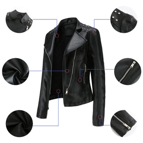 Jaqueta Feminina Slim Estilo Biker com Gola Dobrável e Detalhes Retrô