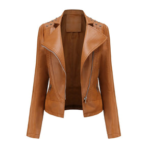 Jaqueta Feminina Slim Estilo Biker com Gola Dobrável e Detalhes Retrô