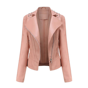 Jaqueta Feminina Slim Estilo Biker com Gola Dobrável e Detalhes Retrô