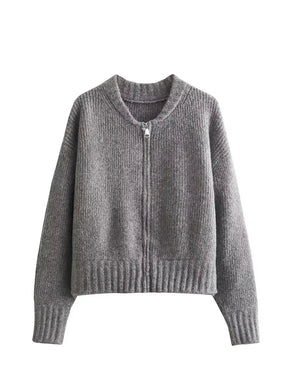 Casaco Feminino Vintage de Malha com Zíper e Gola Redonda