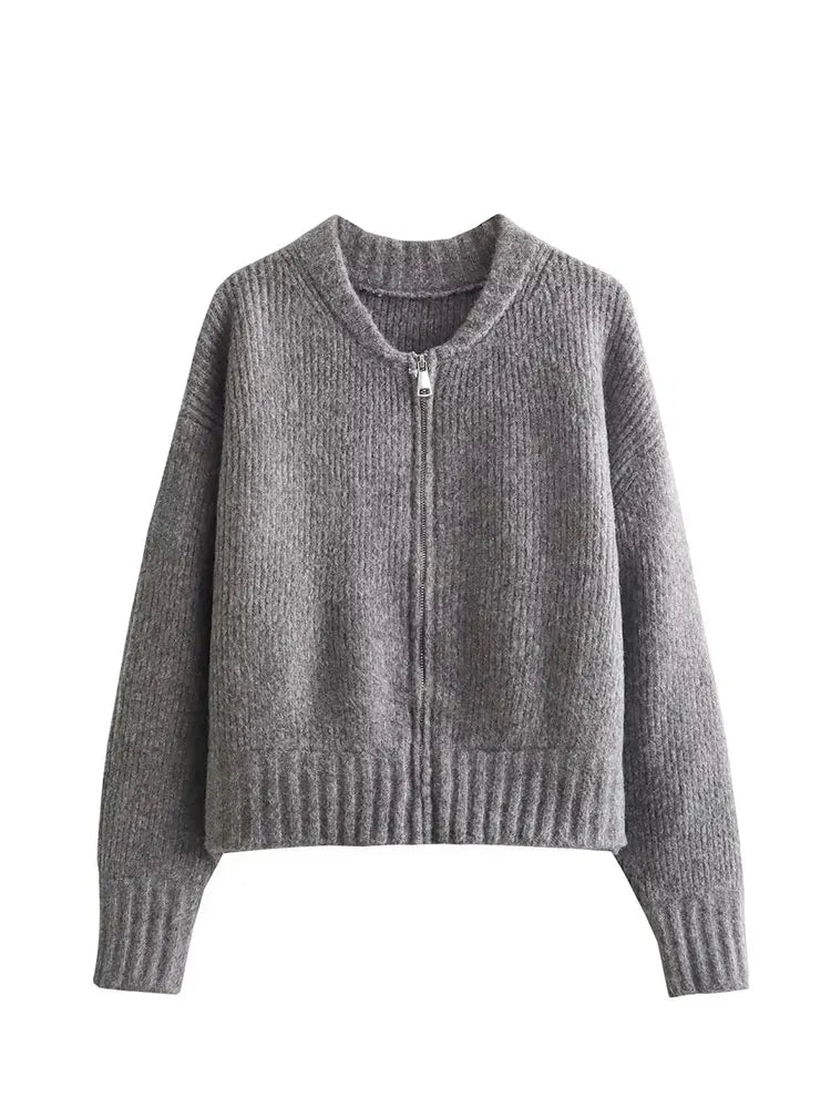 Casaco Feminino Vintage de Malha com Zíper e Gola Redonda
