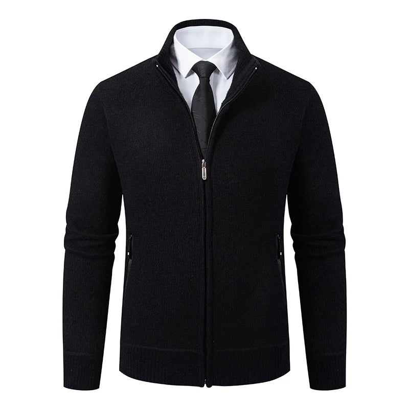 Jaqueta Masculina Cardigan com Gola Dobrável Forro Fleece Estilo Vintage